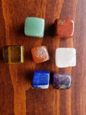 Set of 7 Polished Chakra Square Cube Healing Crystal Stones with Bag